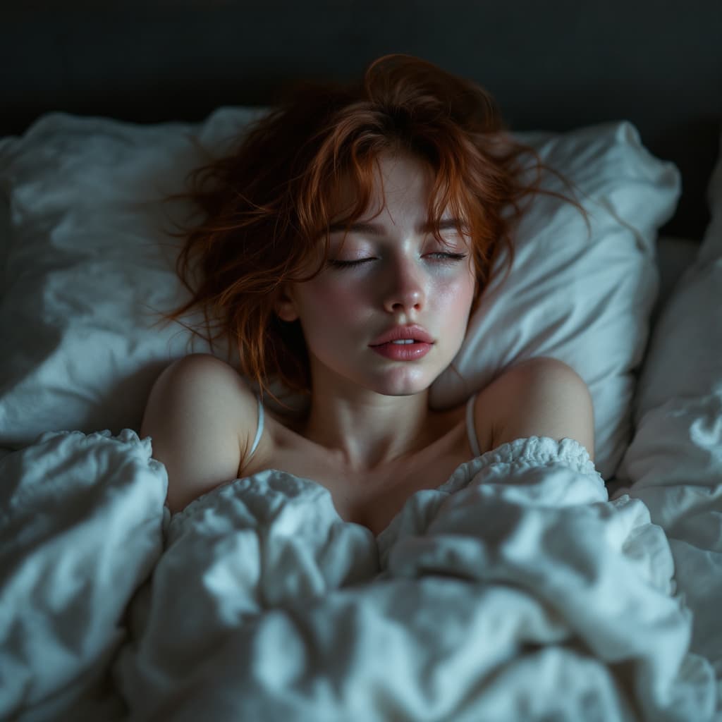 AI generated: female,short auburn hair, moody photo from behind, beautiful skinny 20 year old girl sleeping in bed...