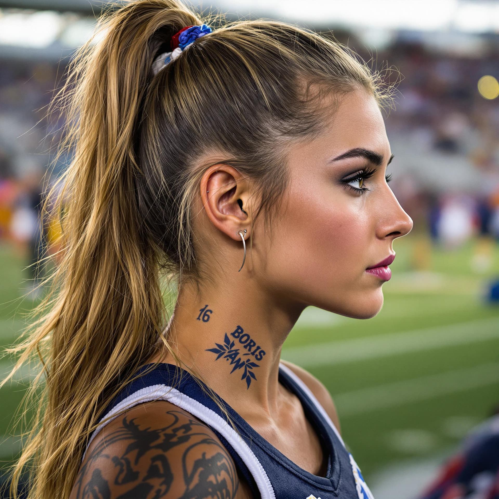 AI generated: Perfect Side profile of A 16 year Old American Cheerleader. Picture taken at an highschool american ...