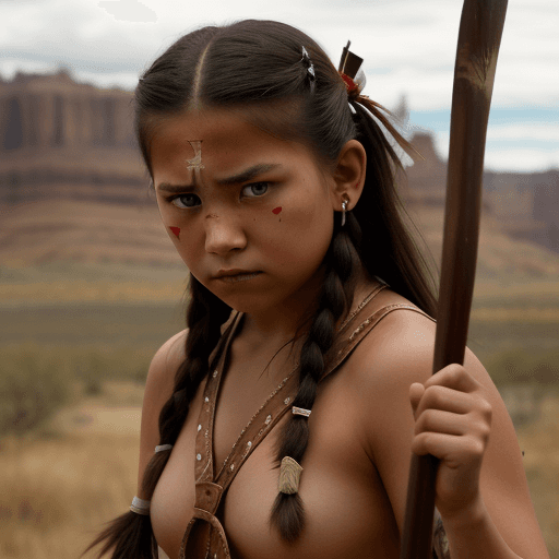AI generated: american angry young native girl, with bow and tomahawk, 8k, wild west style, 