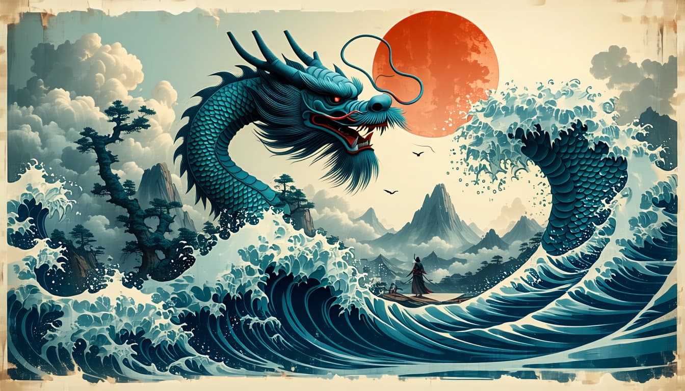 AI generated: Hokusai-inspired Ukiyo-e woodblock landscape of a majestic, mythical Japanese dragon crashing throug...
