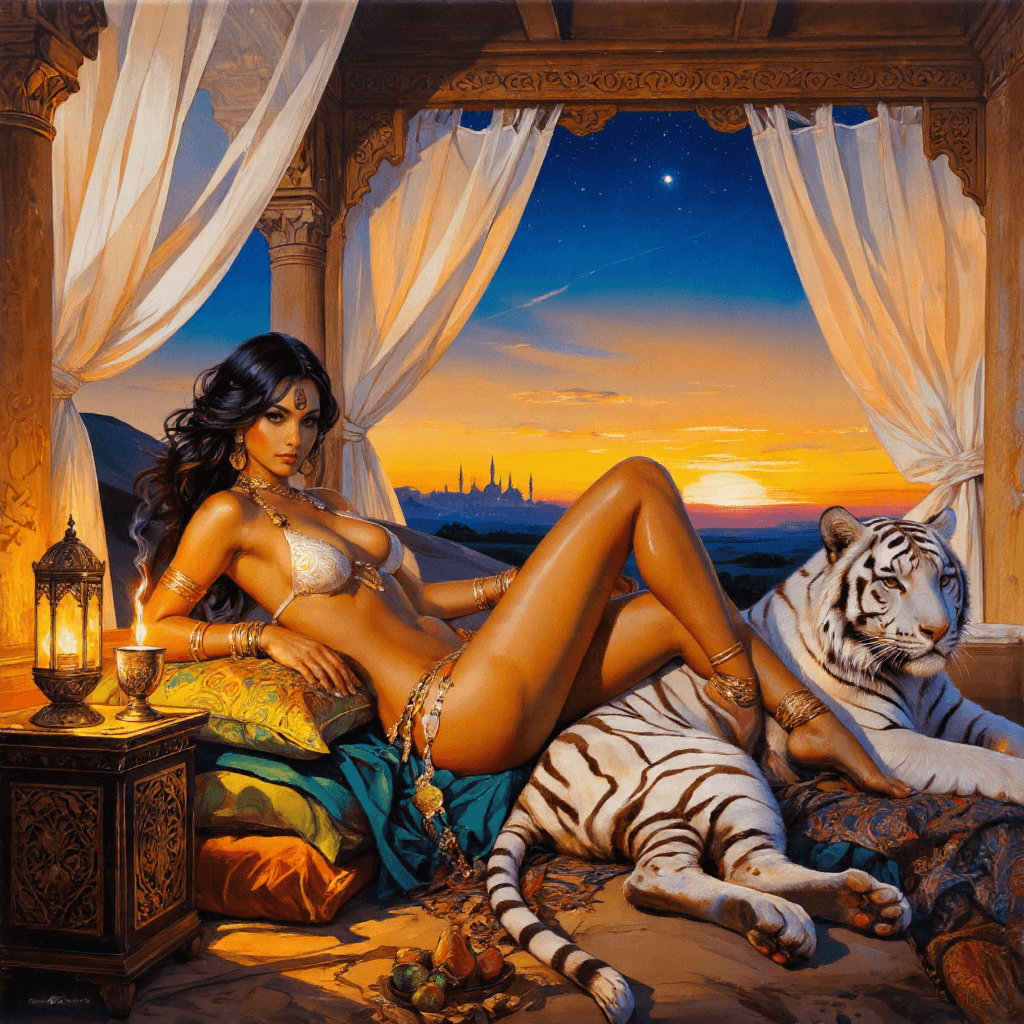 AI generated: A radiant, sensual Arabian enchantress (1.8) reclines gracefully atop layers of velvet cushions and ...