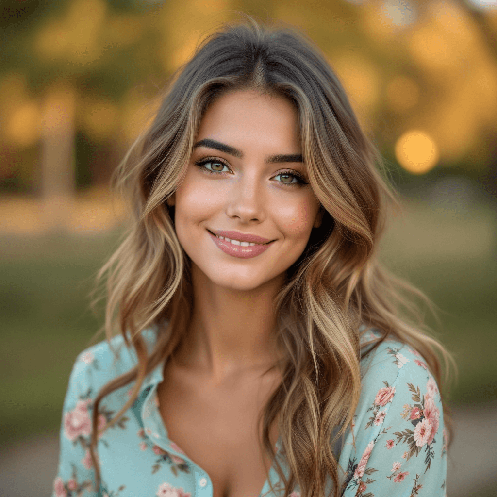 AI generated: An image of a young woman with soft wavy hair and a welcoming expression. She wears a floral-pattern...