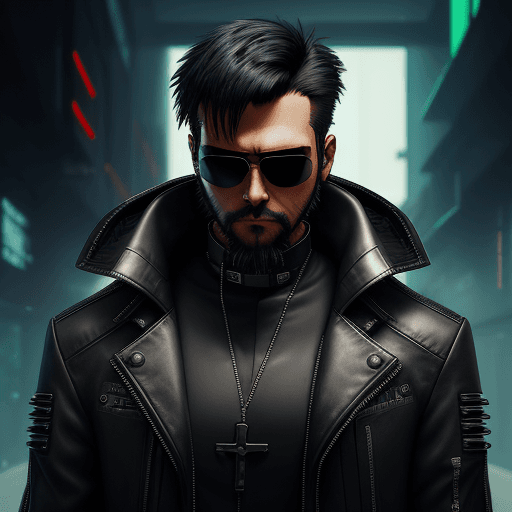 AI generated: cyberpunk priest with cyberware and aviator sunglasses. wear leather coat. short black hair and shor...