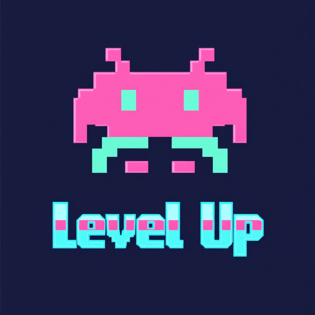 AI generated:  "A pixel art design featuring an 8-bit style space invader character in bright pink and teal, set a...