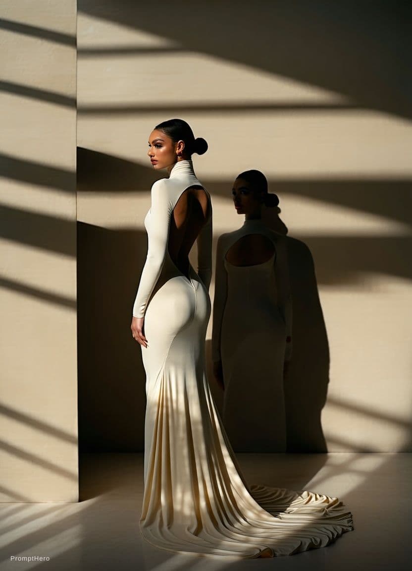 AI generated: The image is a full-length portrait of a woman in a flowing cream dress. The dress features a high n...