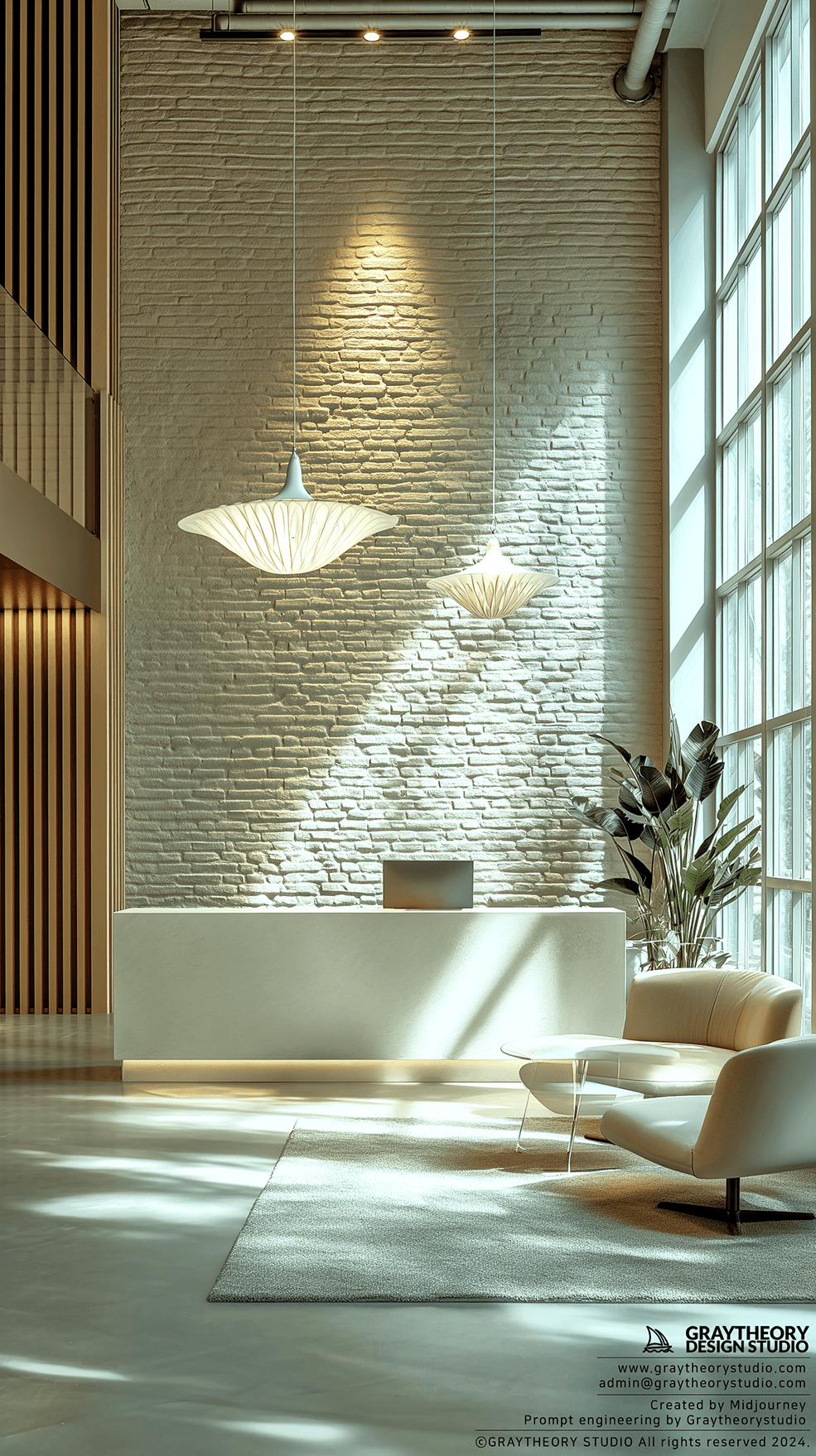 AI generated: Photograph a reception desk, white finish in a bright studio setting, Canon EOS-1D X Mark III, desk'...