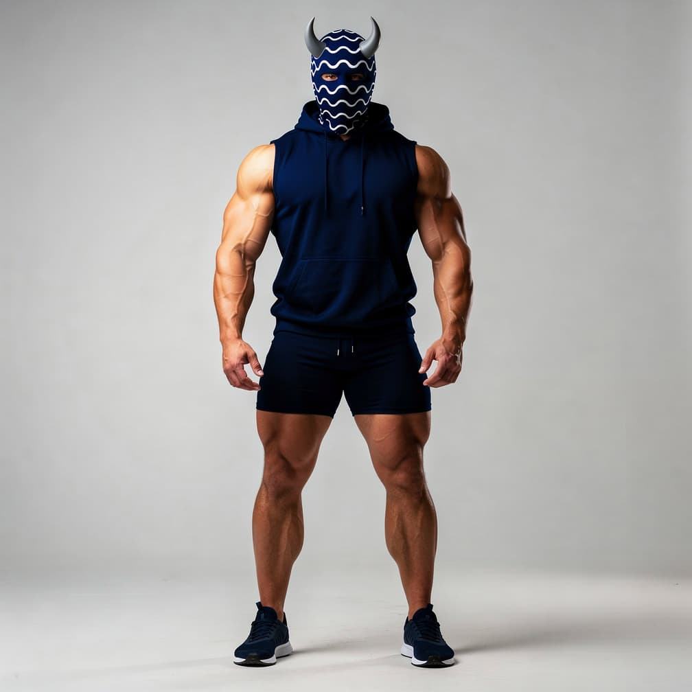 AI generated: A big muscular man wearing navy blue short shorts and a navy blue like jacket and a hood plus a navy...