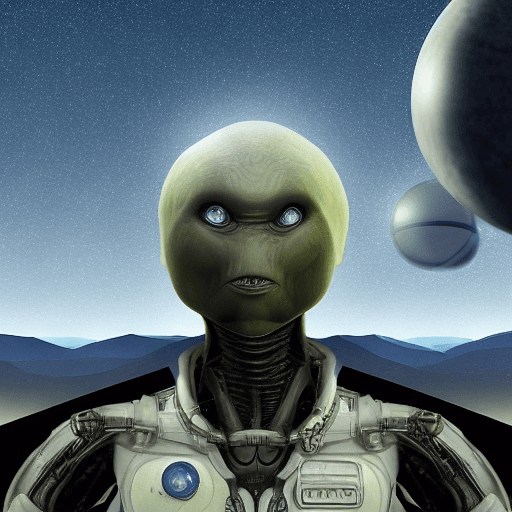 AI generated: realistic, humanoid alien with a steely gaze and a space station in the background