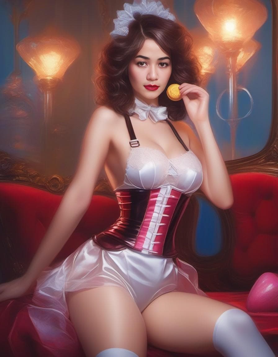 AI generated: candydoll, latex, transparent, lollipop, licking, very sexy, pin up, satin overknee socks, cut out, ...