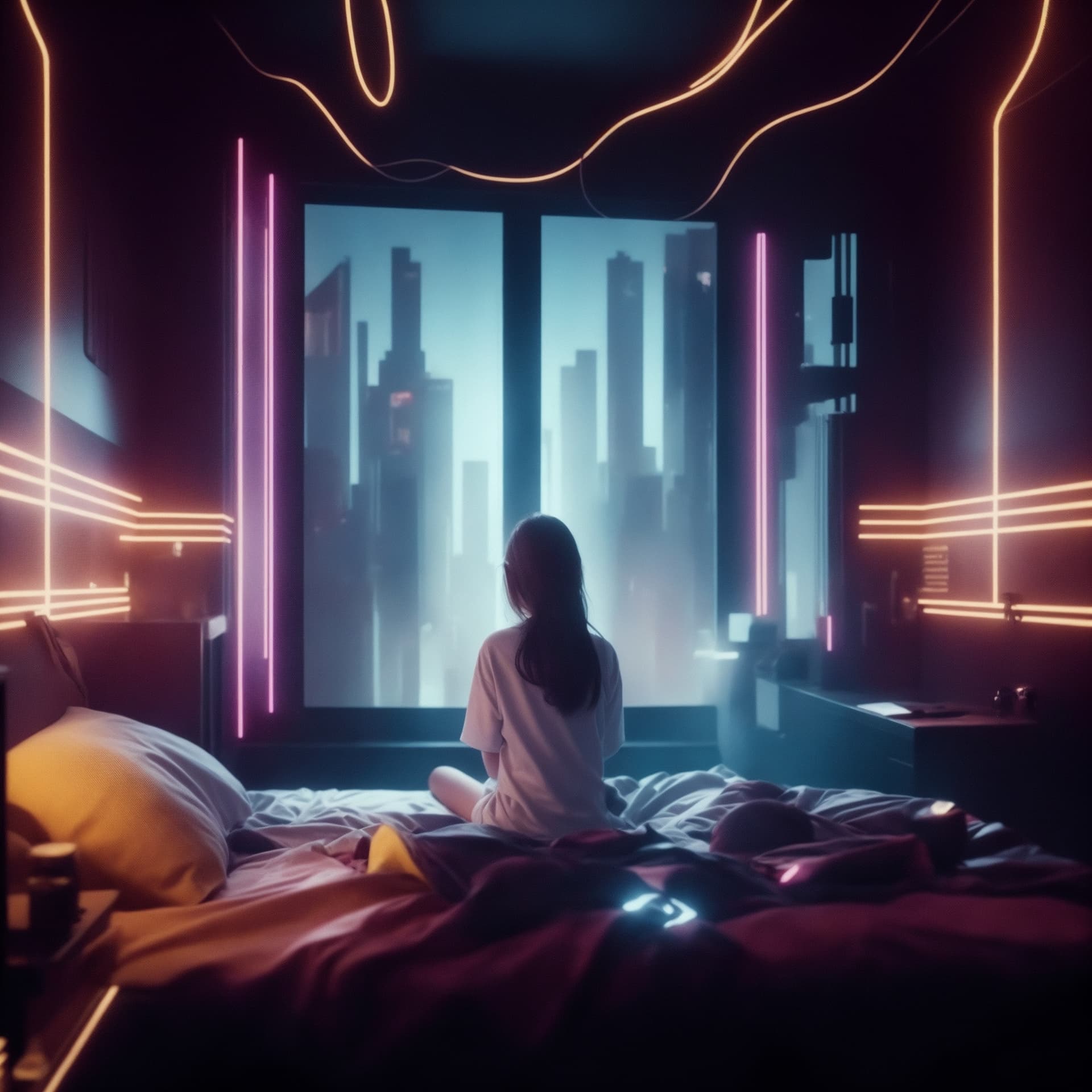 AI generated: inside a girl room, cyberpunk vibe, neon glowing lights, sharp focus, photorealistic, unreal engine ...