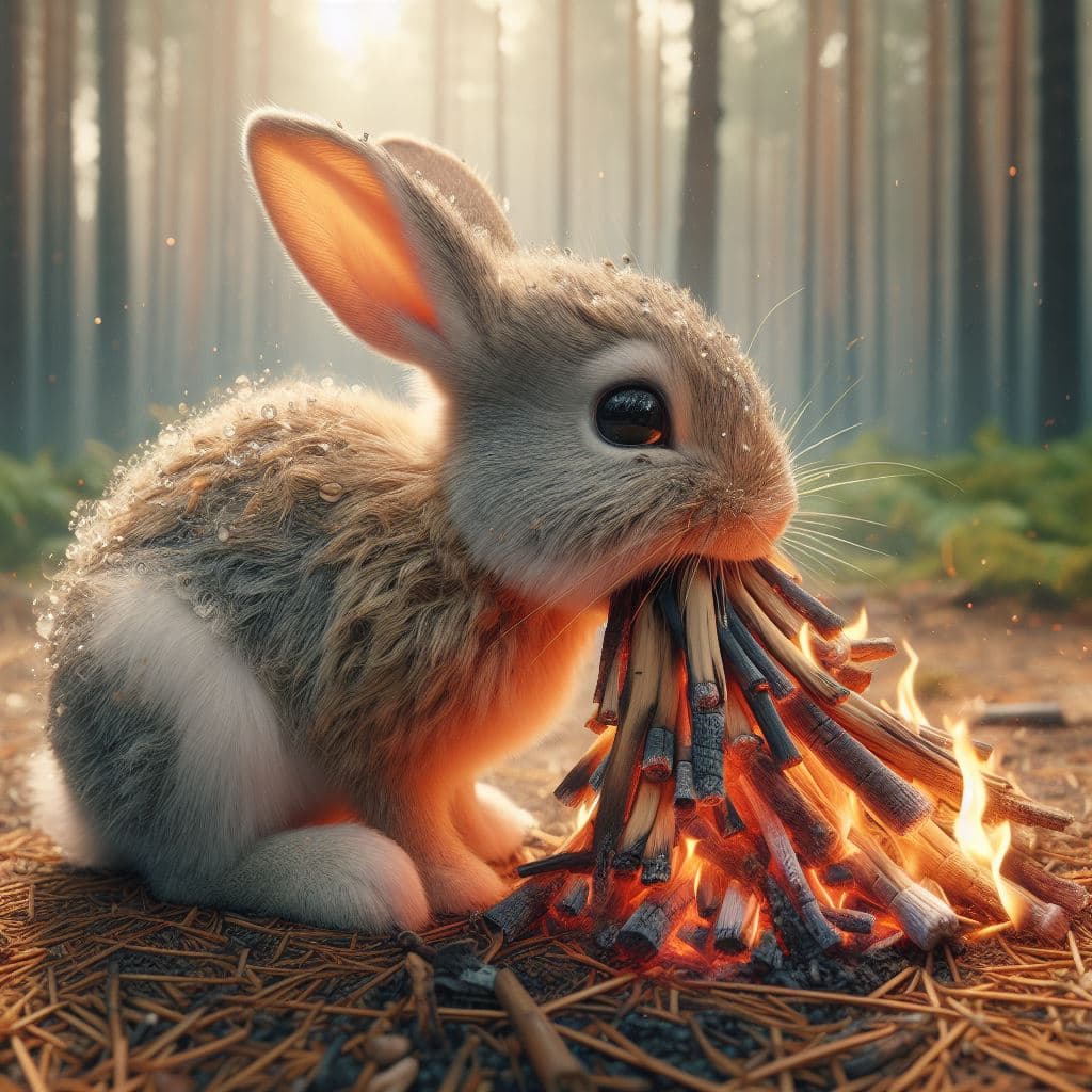 AI generated: realistic image of a rabbet eating the embers of a forest fire