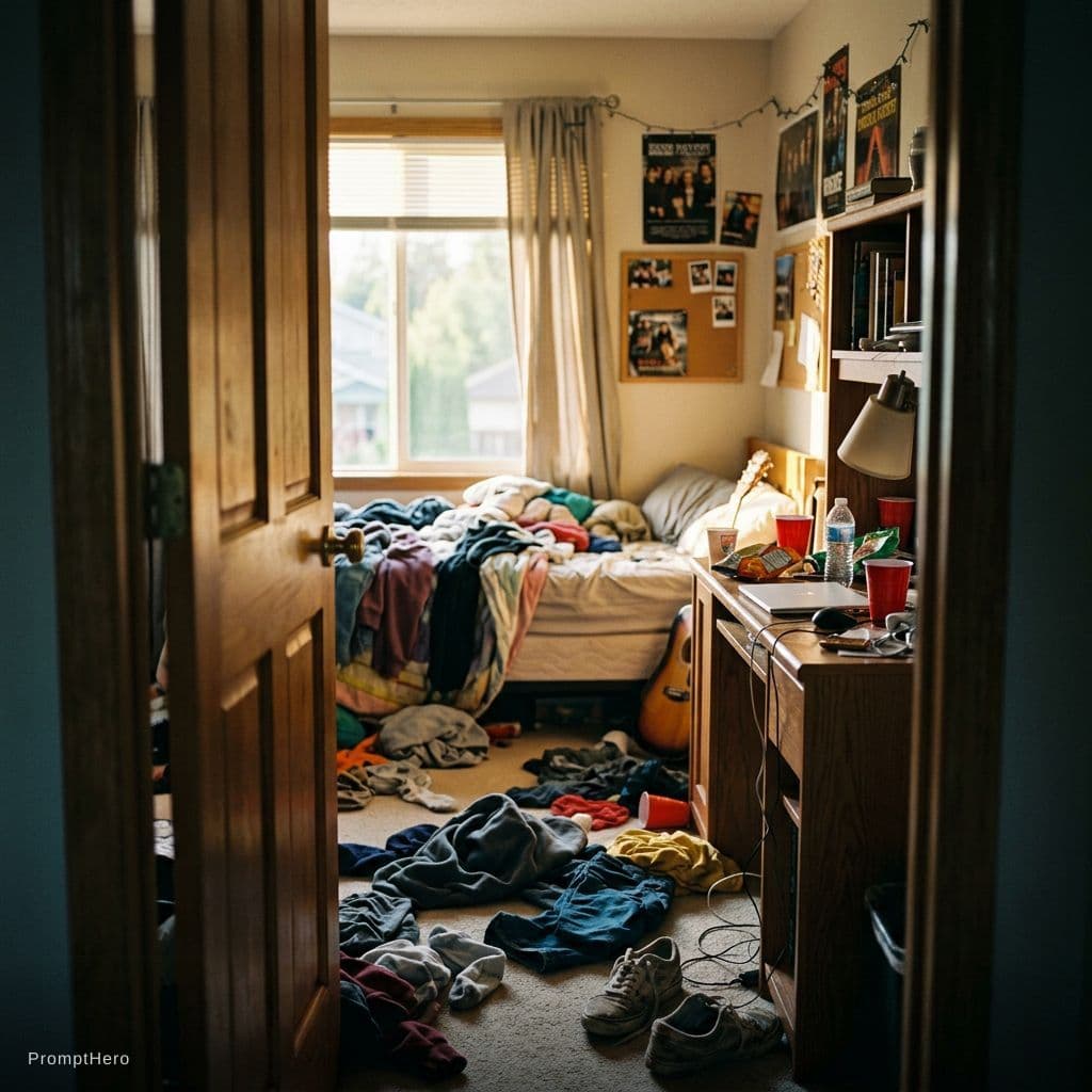 AI generated: cinematic shot of a slightly open bedroom door revealing a messy teenage bedroom inside, clothes sca...