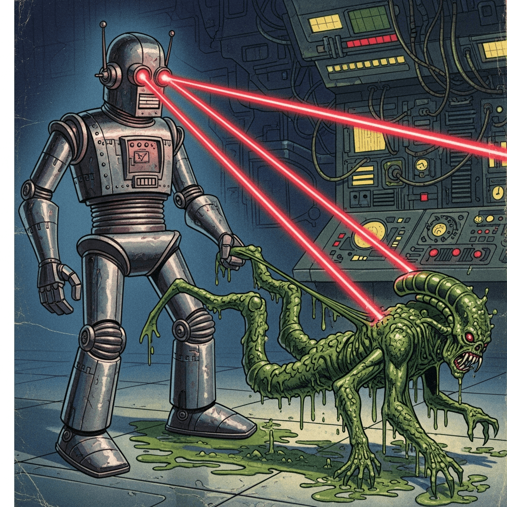 AI generated: A robot is shooting laser beams from its eyes at an alien being pulled on the floor with his legs, i...