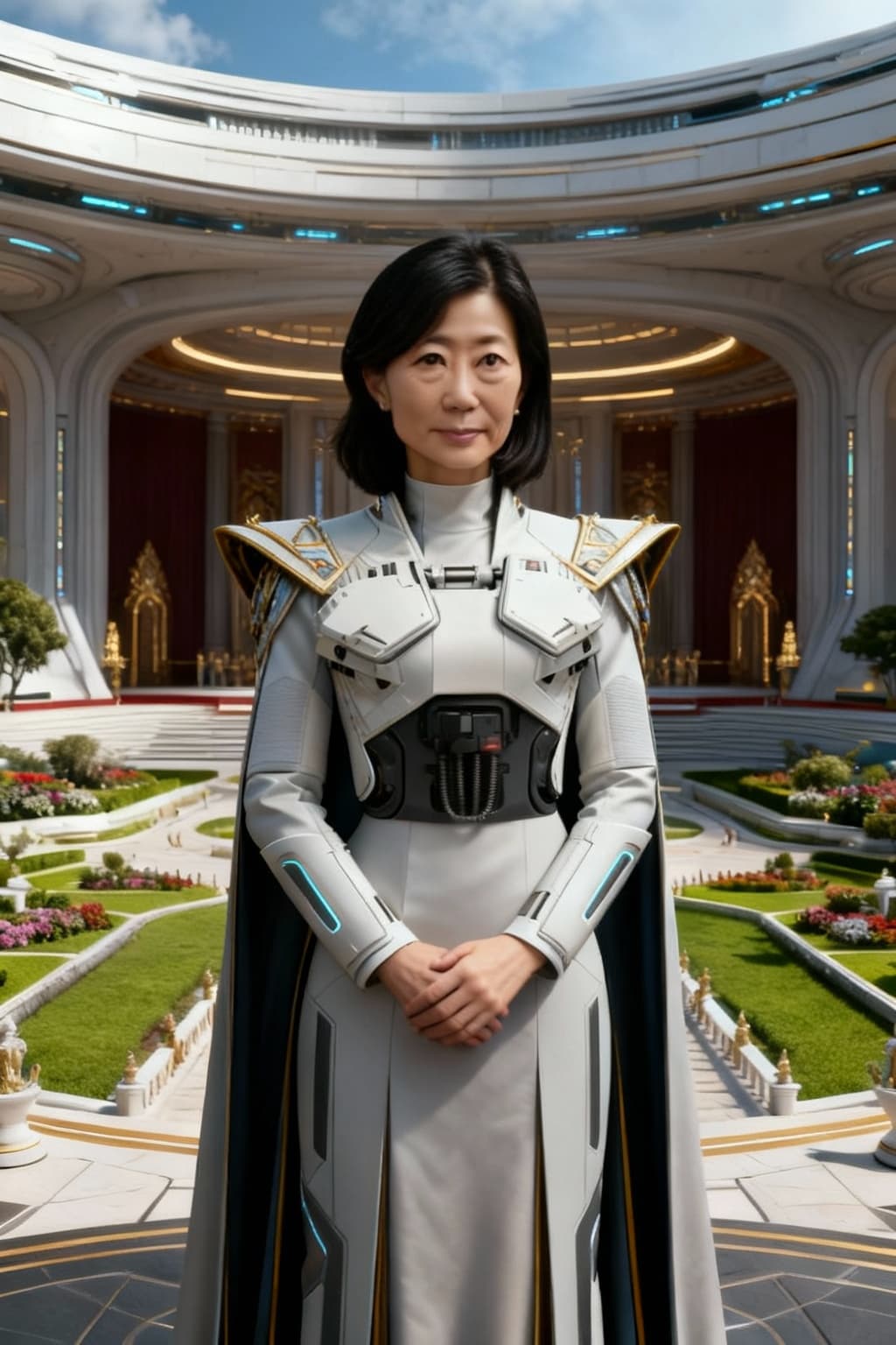 AI generated: New Picture of the character in a different pose and futuristic attire. Younger looking, remove faci...
