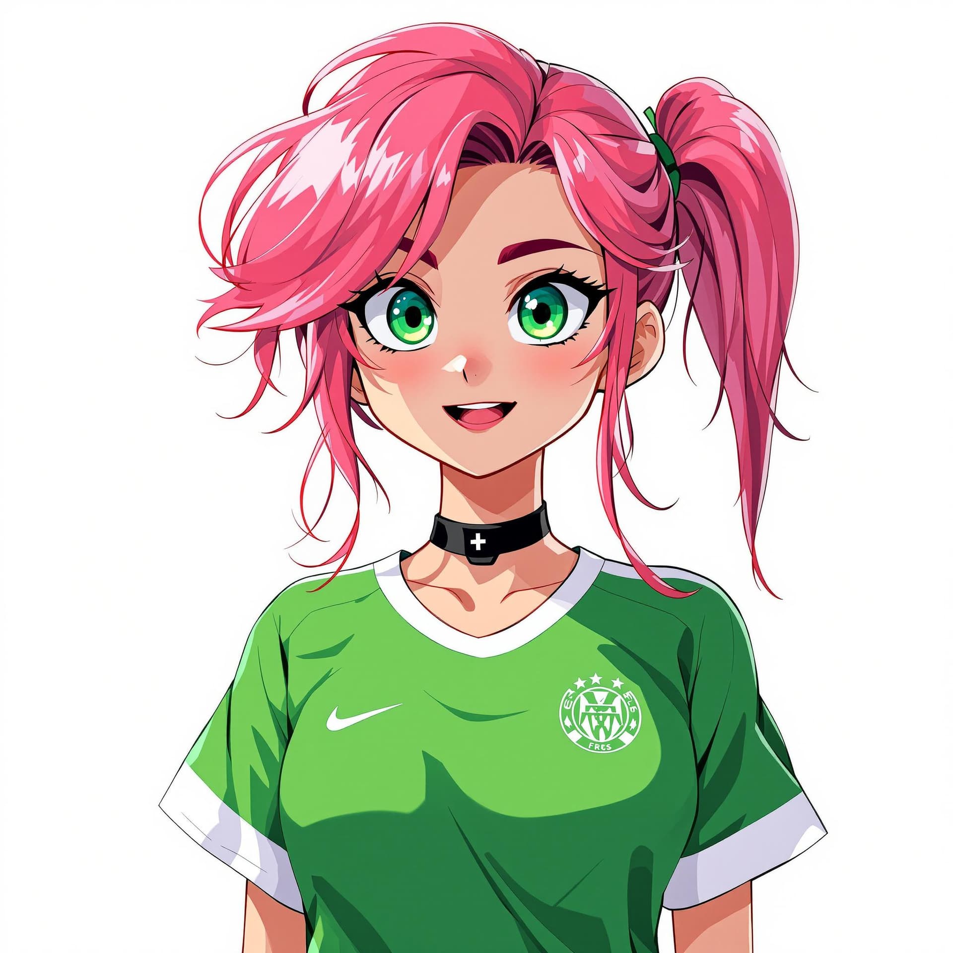 AI generated: Chica de anime, pelo color rosa , hojos color verde , con grandes proporciones , que tenga camiseta ...