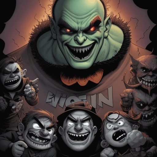 AI generated: chaos comics, evil ernie, smily

