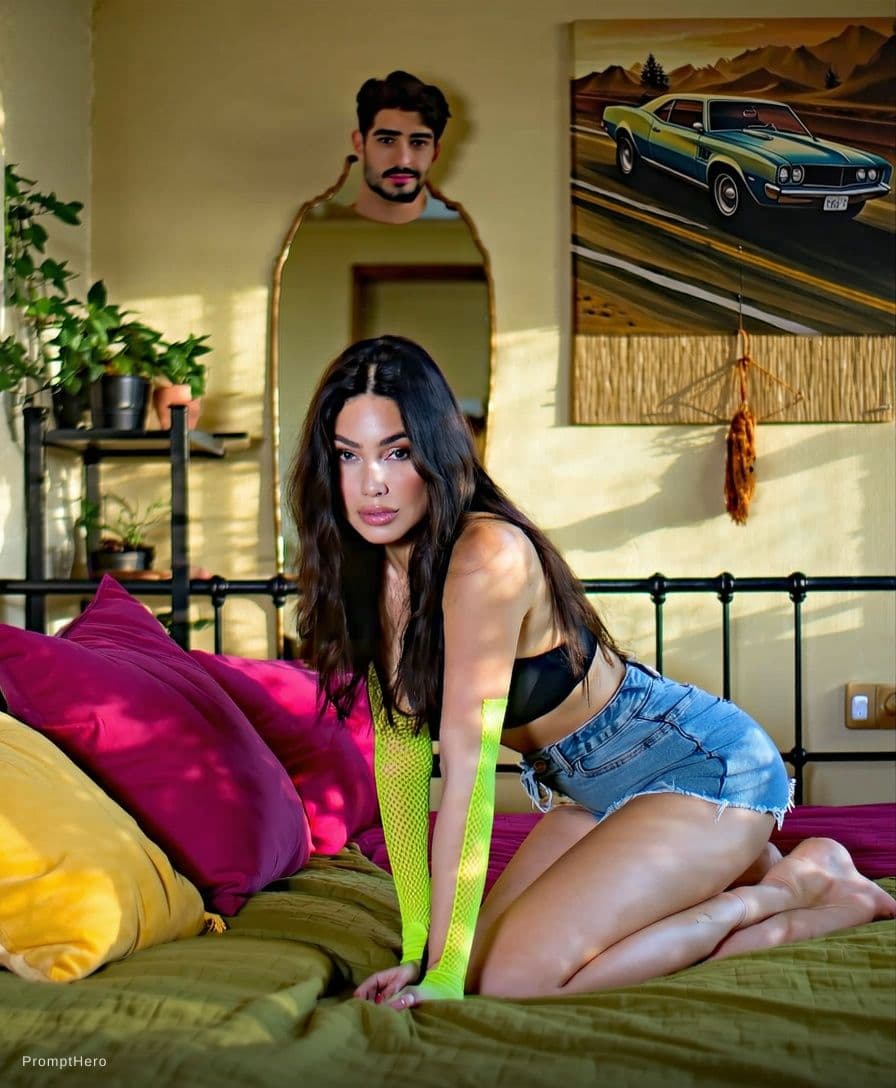 AI generated: The image shows two adults in a bedroom setting that appears staged. The room contains a bed with a ...