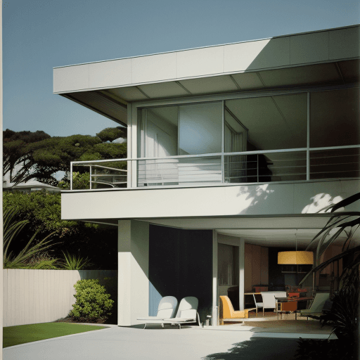 AI generated: Hyper realistic eye level exterior photo of a mid century modern style house overlooking the ocean, ...