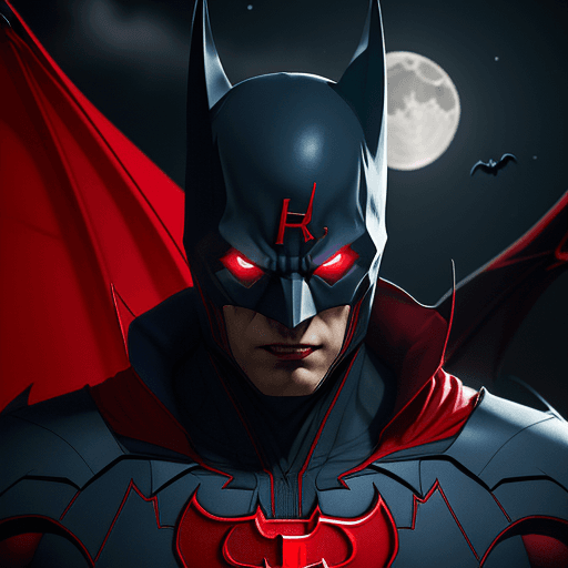 AI generated: a vampire in a red and blue V shape superhero suit with a SCARLET batman mask flying towards the scr...