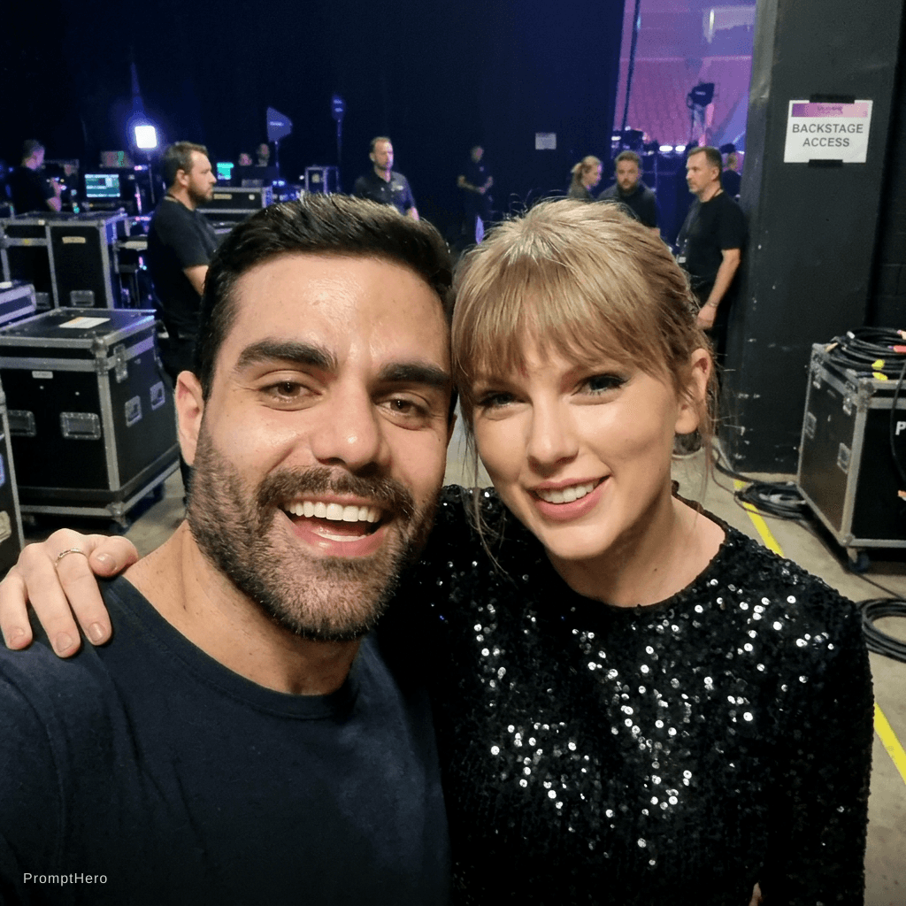 AI generated: with Taylor Swift backstage at a concert, excited fans vibe