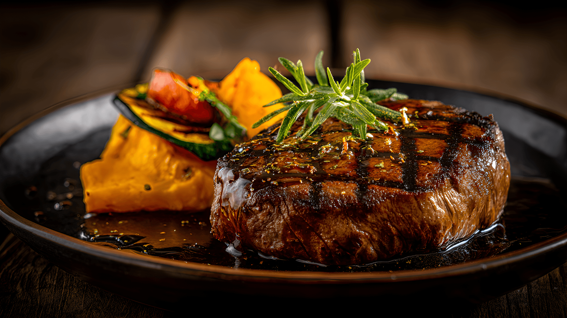 AI generated: perfectly grilled steak with grill marks, served with a side of roasted vegetables, against a rustic...