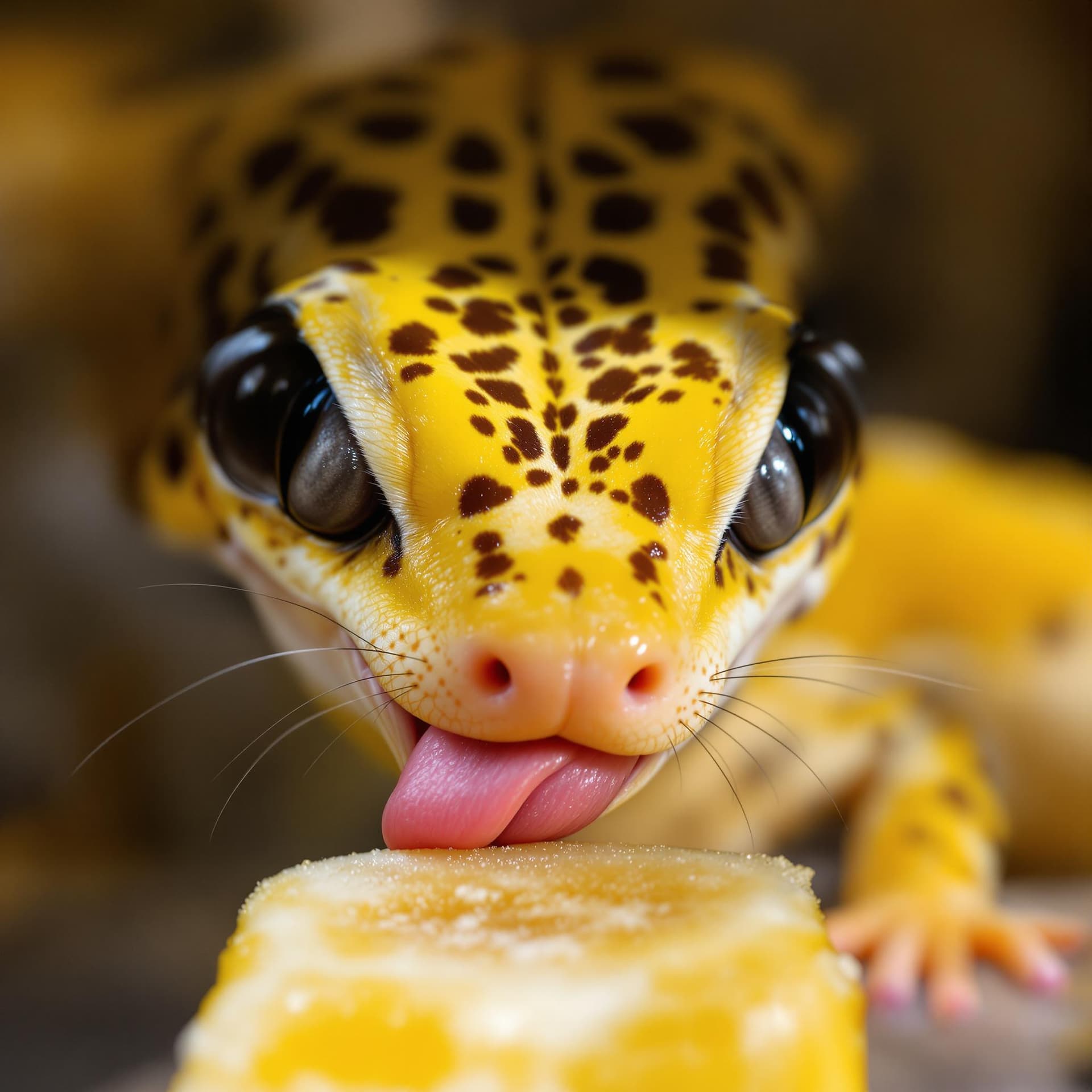 AI generated: A high-quality image of a leopard gecko that’s all yellow with no black on his yellow skin. His eyes...