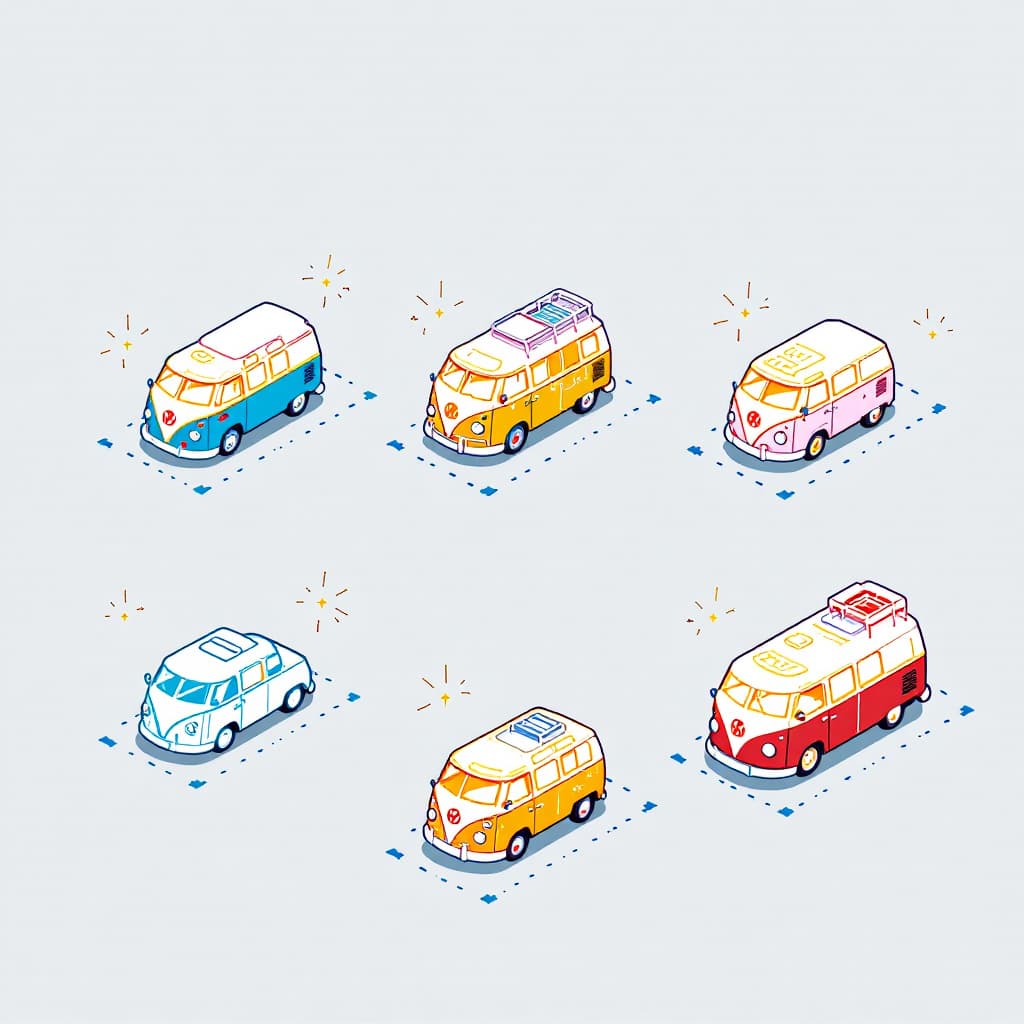 AI generated: six kombi motorhomes, diagonally, in the colors blue, green, yellow, red, orange, white, without bac...