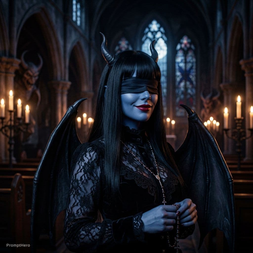 AI generated: dark-theme, (night, demonic church), (blue skin:1.2), 1 woman, cute, demon horns, (black long straig...