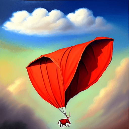 AI generated: Falling elephant attached to one red parachute amidst sunny clouds.
Style: oil painting
