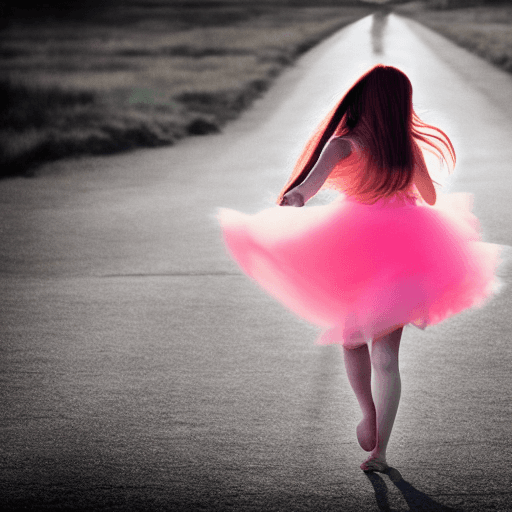 AI generated: a girl, light dress, strong wind, long pink hair, (apterus style:1.3), (dark shot:1.4), 80mm, soft l...