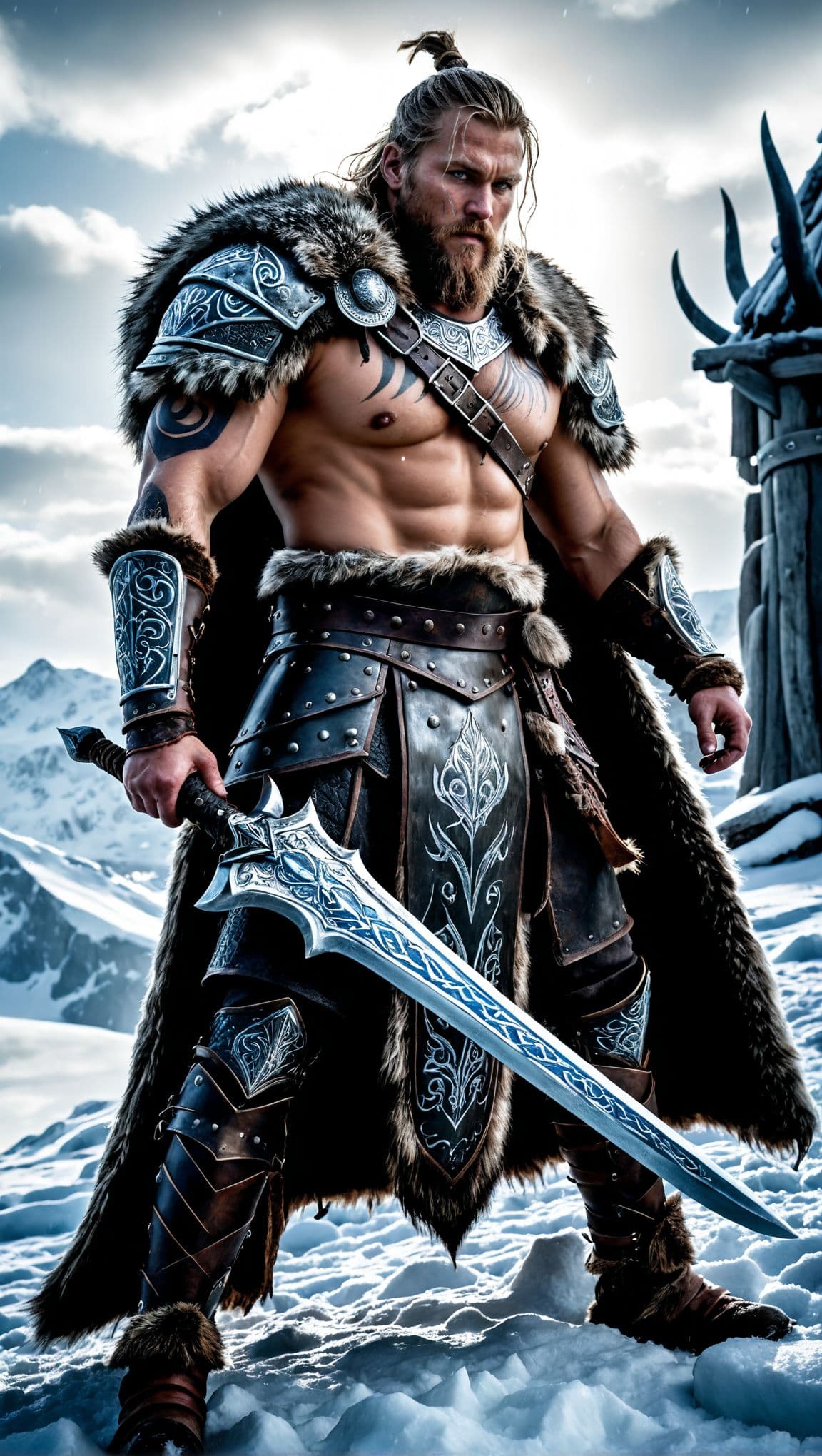 AI generated: A fearsome warrior clad in rugged fur-lined armor stands atop a frozen tundra, his piercing gaze loc...