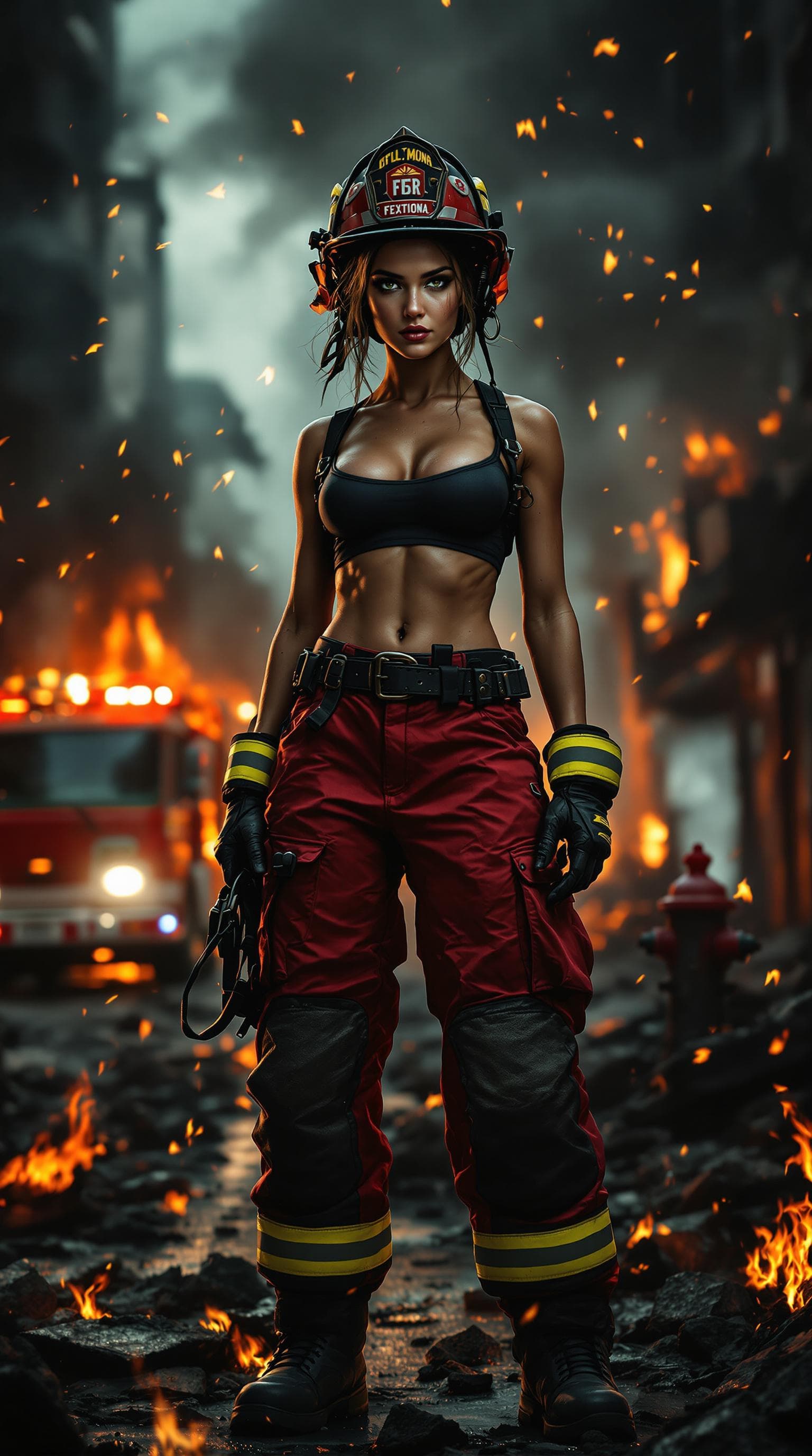 AI generated: a fierce and confident female firefighter standing amidst a dramatic urban scene of smoldering rubbl...