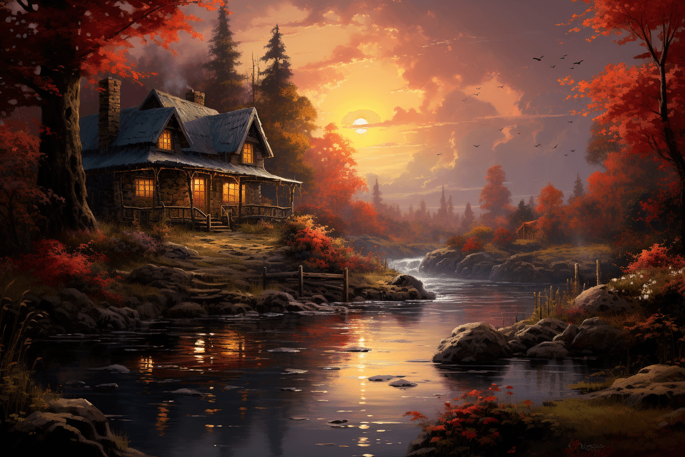 AI generated: Conjure a peaceful brook, its course carved through an emerald grove, an olden canoe on its tranquil...