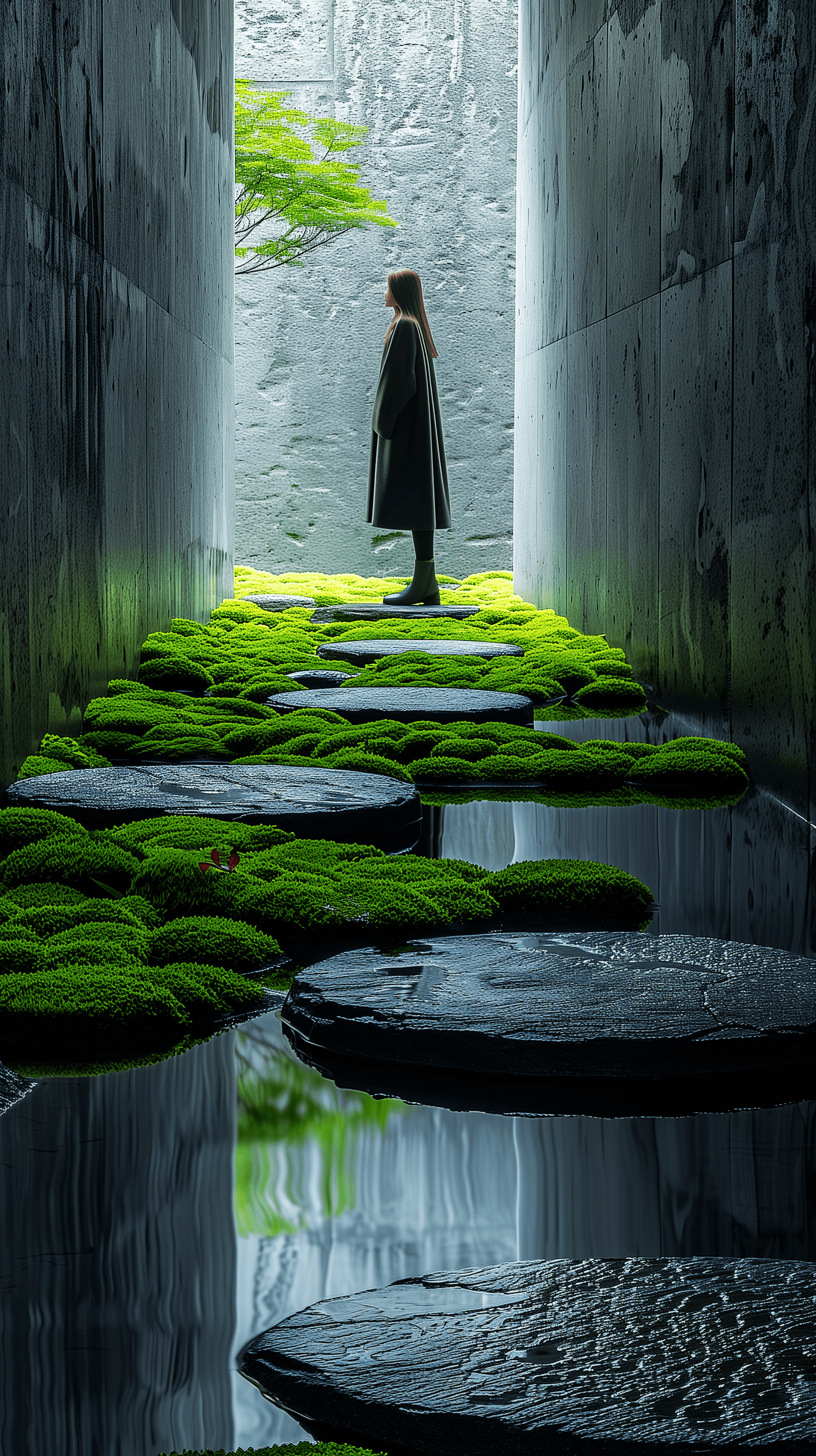 AI generated: photography, serene zen garden scene, modern architectural context, minimalist garden feature vibran...