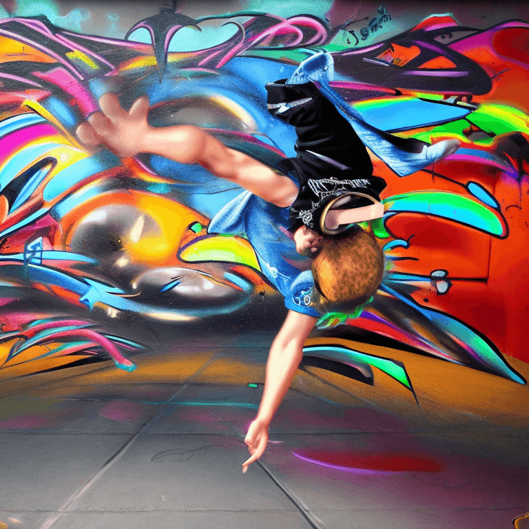 AI generated: breakdancer flying through an epic mysterious colorful spraypainted graffiti blackhole,  (skindentat...