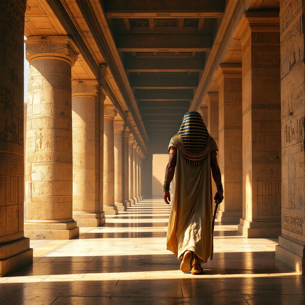 AI generated: An ancient Egyptian pharaoh walks down a long corridor in front of me inside a temple, holding a sce...