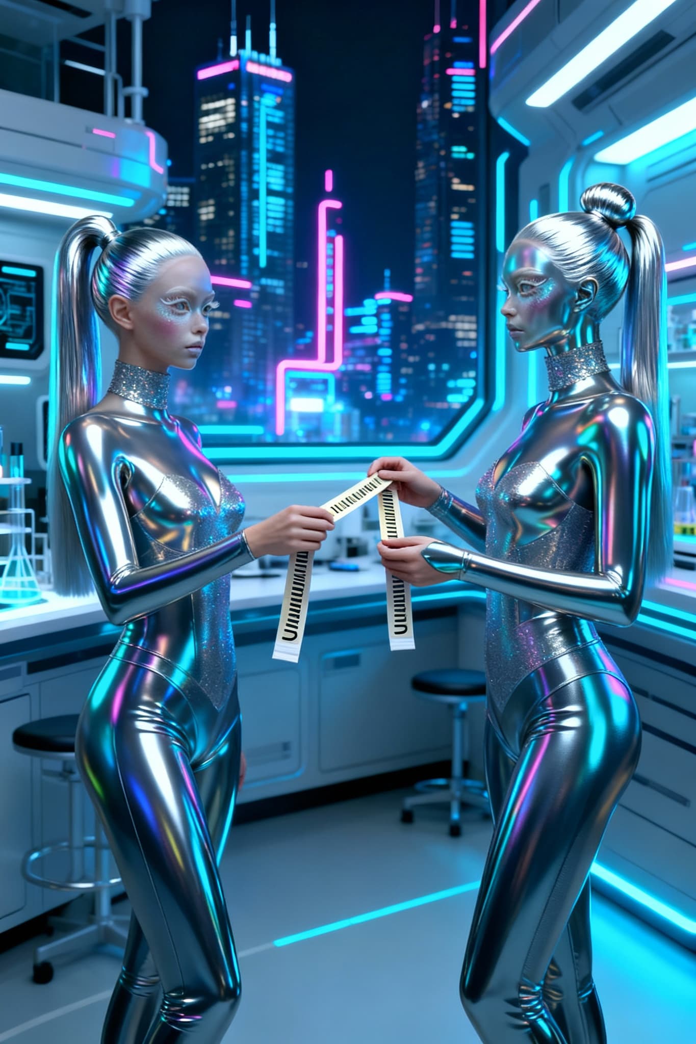 AI generated: Show a futuristic society in the exchange of Hand-held Uniantum strips, with two Citizens. Unreal En...