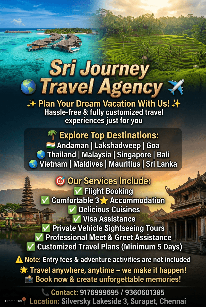 AI generated: 🌏✈️ Sri Journey Travel Agency ✈️🌏
✨ Plan Your Dream Vacation With Us! ✨
Hassle-free & fully custom...