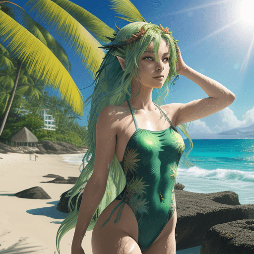 AI generated: A fairy with flowing green hair adorned with seaweed, in a one-piece bathing suit, at a beachfront p...