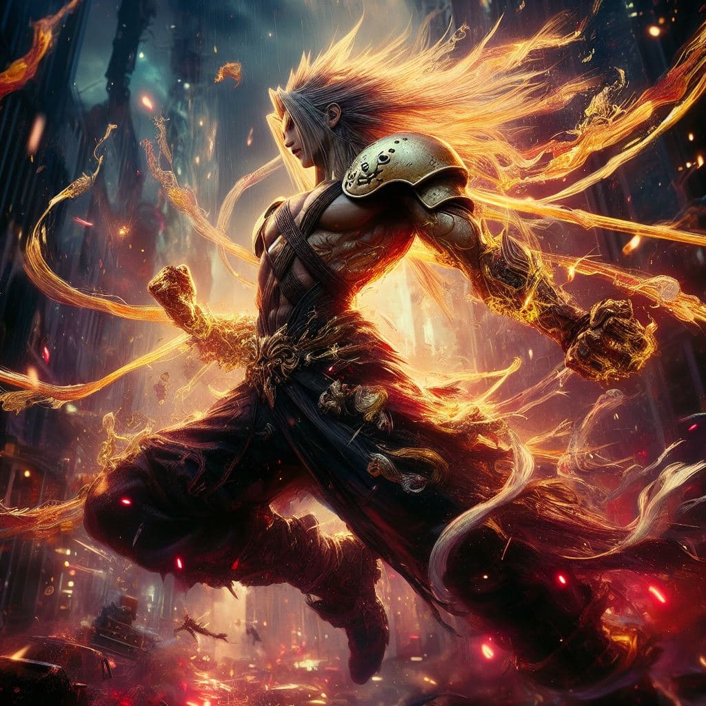 AI generated: painterly style, FF7's Sephiroth fighting at war, raging, character design, body is adorned with glo...