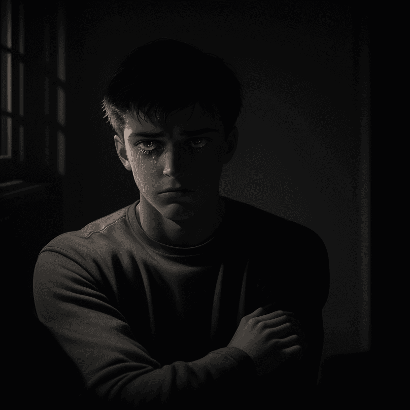 AI generated: A ((best quality)) portrait of a very lonely and sad young man. He is sitting alone in a dimly lit r...