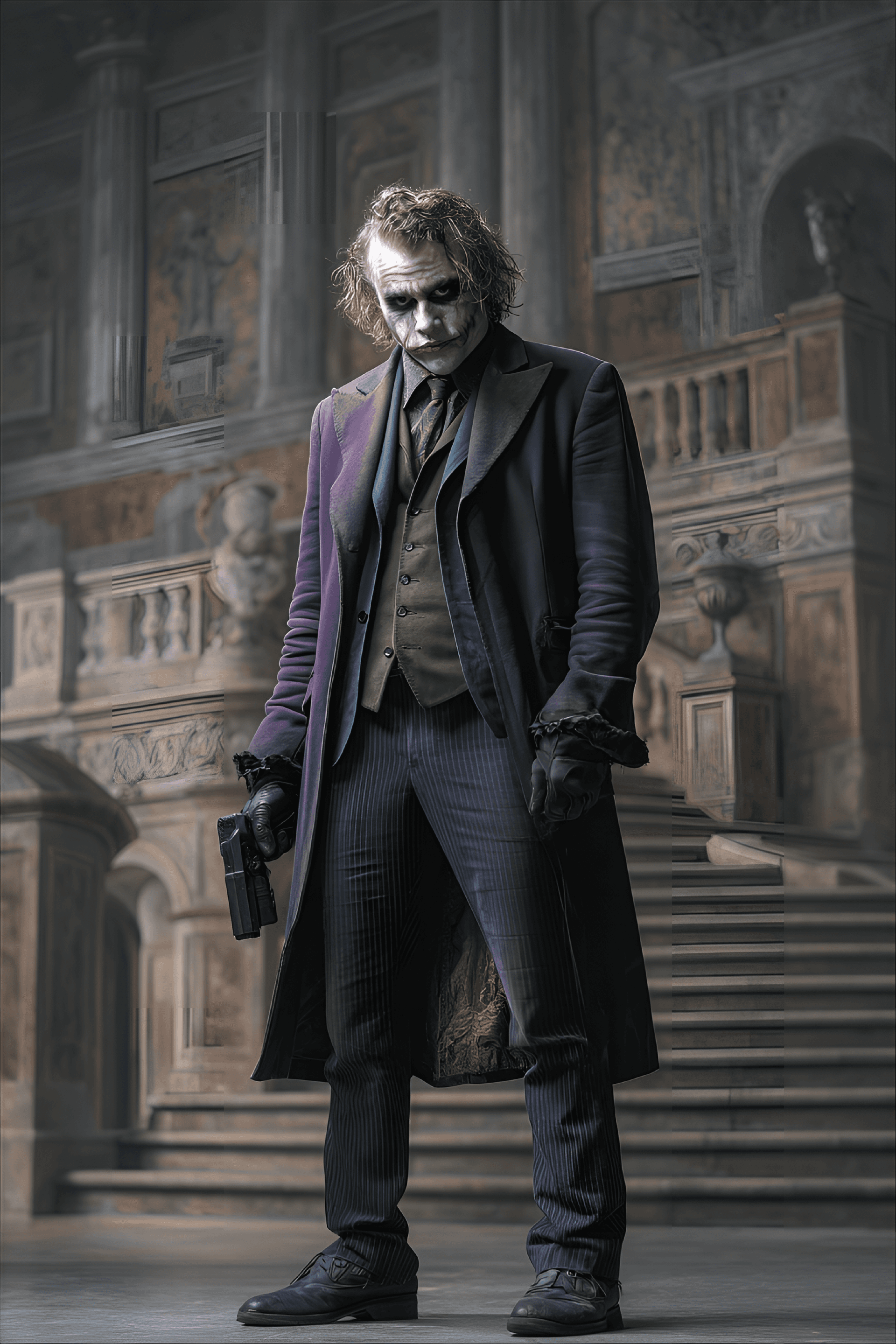 AI generated: male, Caucasian, adult, portrays the Joker character. He is positioned slightly off-center to the le...