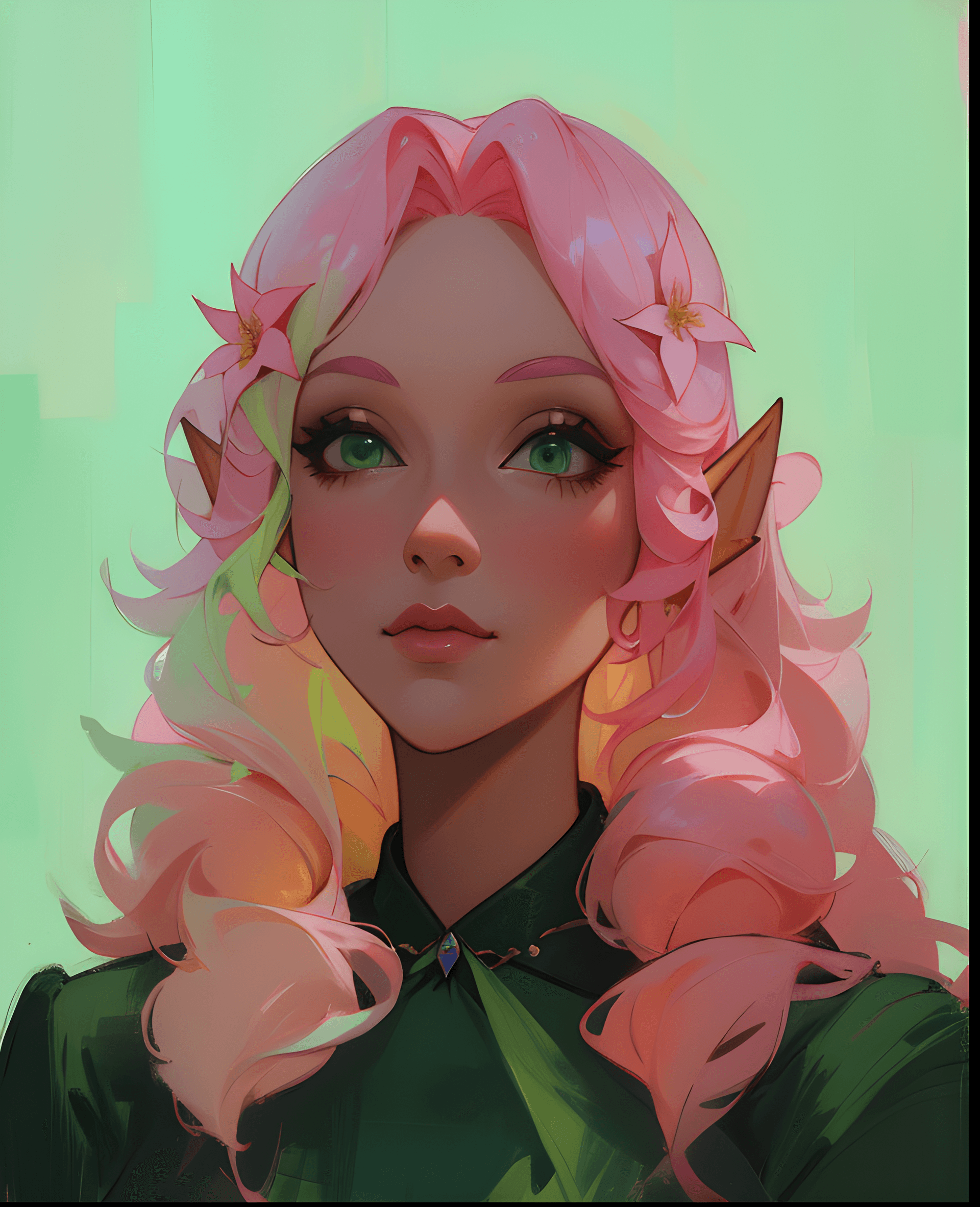 AI generated: a painting of a woman with pink hair, inspired by loish, long curly green hair, elf girl wearing an ...