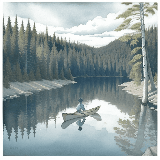 AI generated: Lake Huron::0.3 boy paddling canoe::0.5 high-contrast Blue Mountains forest landscape photograph::1....