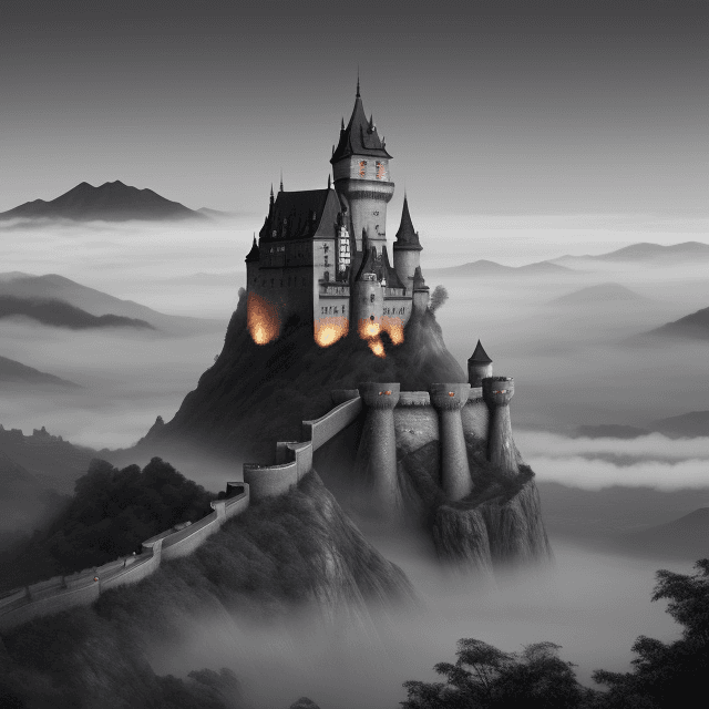 AI generated: this is a cover for kina, it shows a healthy castle, fog, dark colors, gray and black