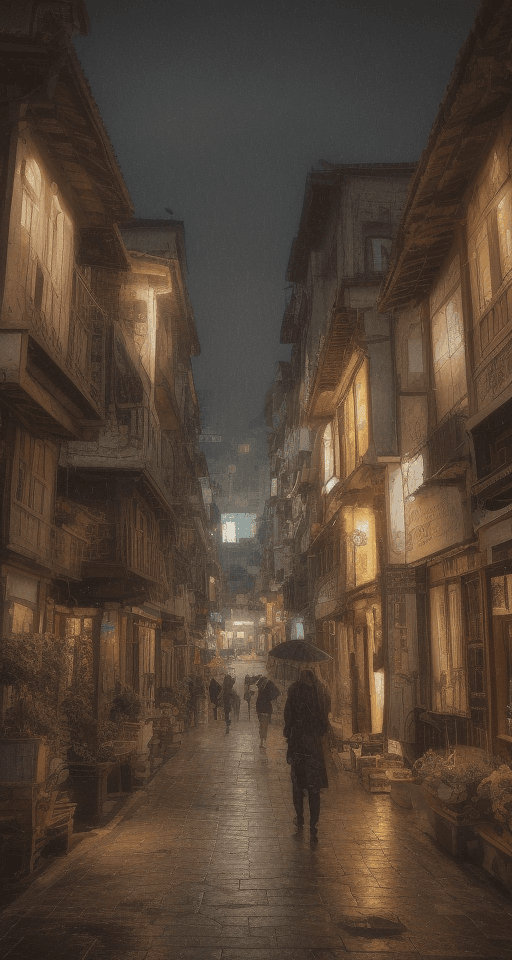 AI generated: Renaissance, three-dimensional oil painting, landscape in Jiufen Taiwan, strong color contrast, rain...