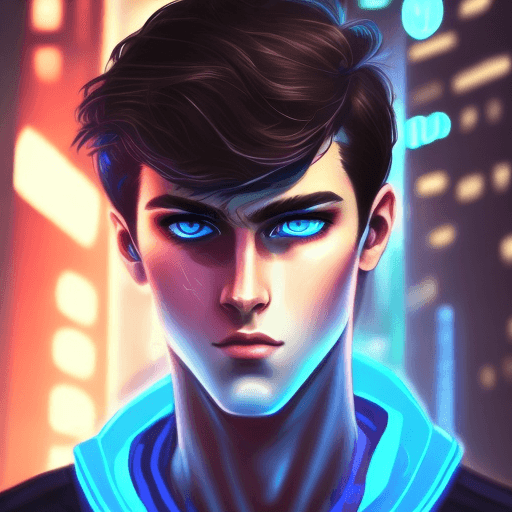 AI generated: A stunning and elegant young man looking at the camera with dark brown hair and blue eyes in a cyber...