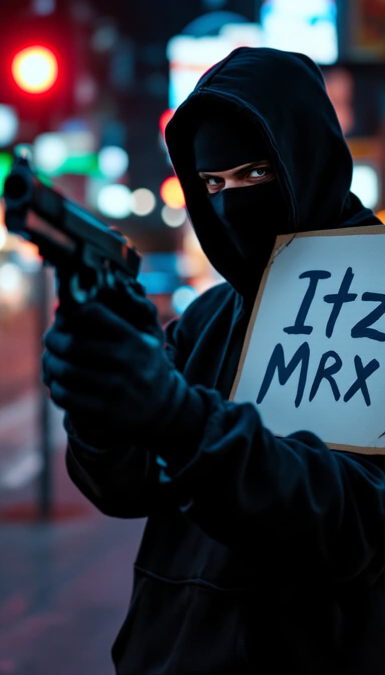 AI generated: t man wearing black hoodie holding a sign in the right  saying "Itz Mrx" , and in holding high reali...