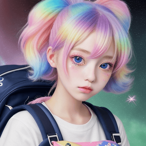 AI generated: a close up of a girl with a backpack, an anime drawing, kawaii decora rainbowcore, pearlescent white...
