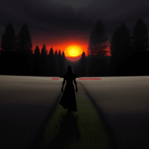 AI generated: shadow walking through a meadow evil closing in all sides sunset blazing darkness beckoning